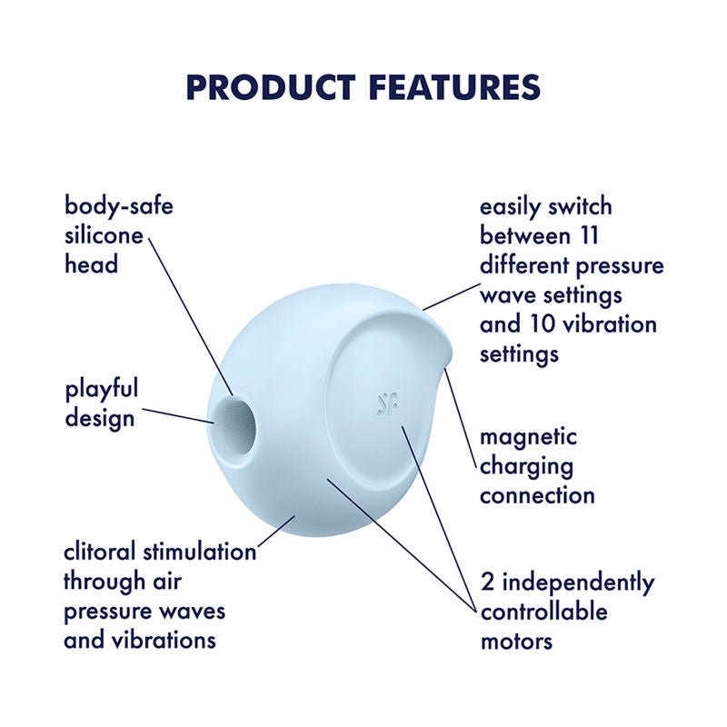 Satisfyer - sugar rush - blue clitoral suction stimulator - Product side view, with specifications  | Flirty Bay